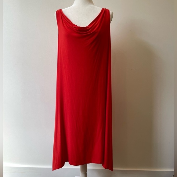 Eileen Fisher Comfy Dress MIDI Size Large Stretchy Jersey Knit Red Sleeveless - Picture 2 of 10